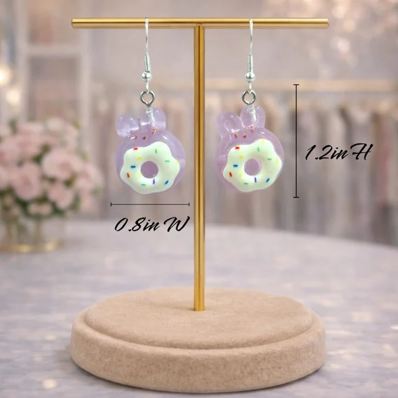 Handmade Lavender Sugar Bunny Donut Earrings | Y2K Kawaii Cute Statement Jewelry - Picture 4 of 5
